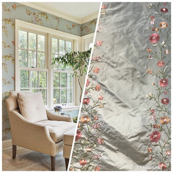 NEW! SALE! Designer 100% Silk Taffeta Interior Design Fabric Embroidery Floral NEW! SALE! Designer 100% Silk Taffeta Interior Design Fabric Embroidery Floral