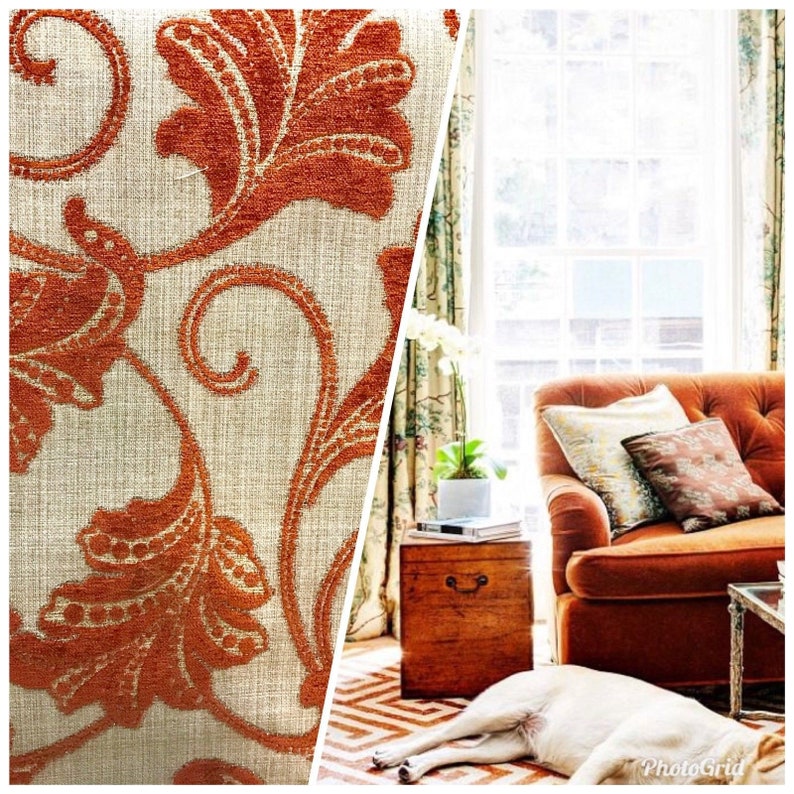 NEW Designer Burnout Velvet Floral Upholstery Fabric Burnt Orange Rust Red