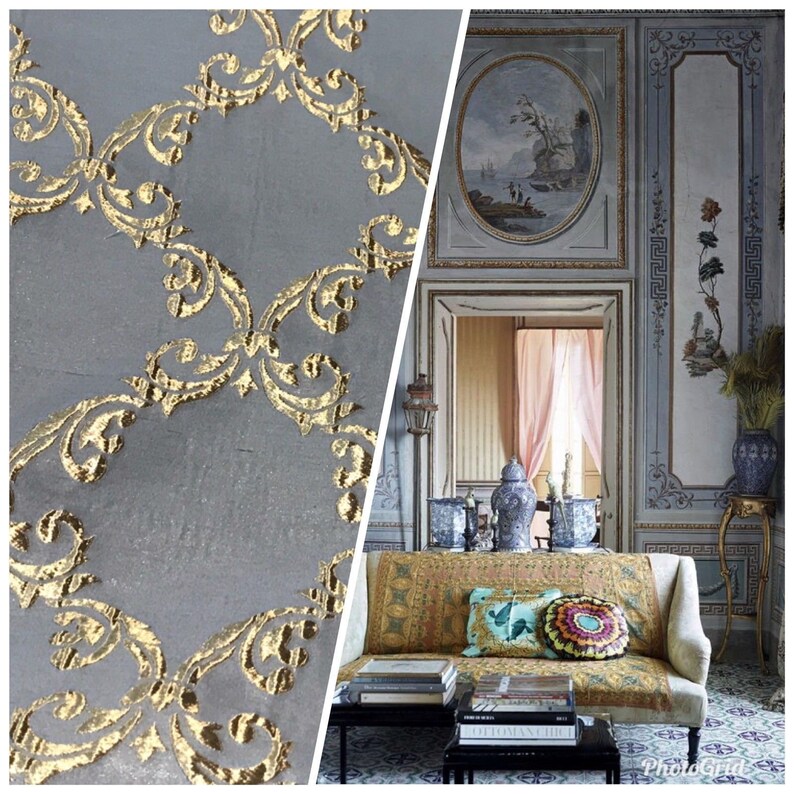 Swatch Antique Inspired Eggshell Silver Blue Satin Brocade Upholstery Fabric