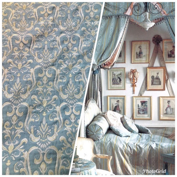 New Designer Damask Brocade Fabric Pale Blue Cream And Yellow Gold Upholstery