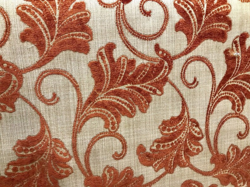 NEW Designer Burnout Velvet Floral Upholstery Fabric Burnt Orange Rust Red