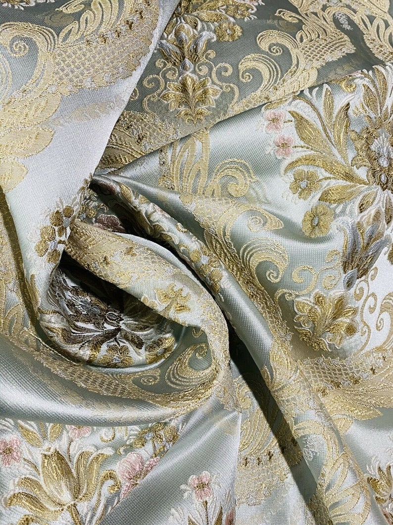 Louis Blue NEW Novelty Ritz Neoclassical Brocade Damask Floral Satin Fabric