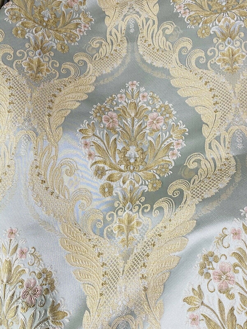 Louis Blue NEW Novelty Ritz Neoclassical Brocade Damask Floral Satin Fabric