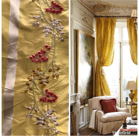 Designer 100 Silk Taffeta Drapery Fabric Yellow Embroidery Etsy