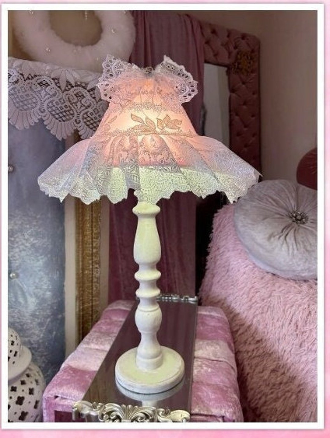 Table Lamp Shade Pink Fabric Laced Vintage Style Table Lamp Etsy
