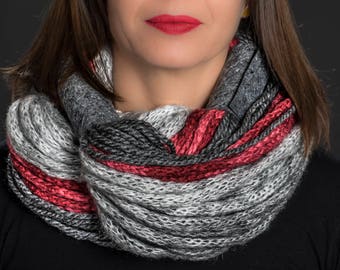 Chunky Infinity Scarf Grey Red  Oversized Scarf Womens winter statement scarf