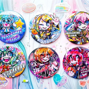 巨大なボーカロイド ボタン 75 mm |カワイイ原宿 |初音ミク、鏡音リン、巡音ルカ、グミ、メイコ、累テト