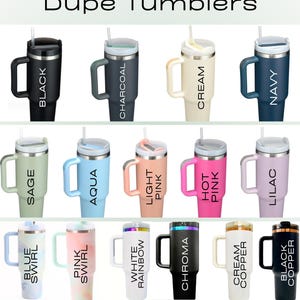 May include: A collection of 40 oz insulated tumblers in various colors, including black, charcoal, cream, navy, sage, aqua, light pink, hot pink, lilac, blue swirl, pink swirl, white rainbow, chroma, cream copper, and black copper. Each tumbler has a handle and a straw.