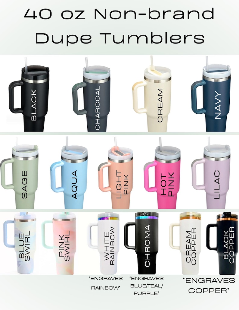 May include: A collection of 40 oz insulated tumblers in various colors, including black, charcoal, cream, navy, sage, aqua, light pink, hot pink, lilac, blue swirl, pink swirl, white rainbow, chroma, cream copper, and black copper. Each tumbler has a handle and a straw.