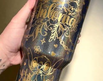 Floral Cute Alien Personalized Name Tumbler | Engraved Tumbler | Engraved Stitch Disney Tumbler | Character Cup | Engraved Tumbler 30oz 40oz