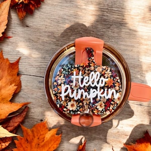 Może przedstawiać: Szklany słoik z pomarańczową pokrywką i kwiatową wkładką w kształcie dyni z napisem "Hello Pumpkin" w białym skrypcie. Wkładka ma kolorowy kwiatowy wzór z czerwonymi, pomarańczowymi i zielonymi odcieniami. Słoik otoczony jest jesiennymi liśćmi.