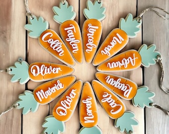 Etiquetas personalizadas para cestas de Pascua con forma de zanahoria / Etiquetas para cestas de Pascua / Relleno para cestas de Pascua / Etiqueta con nombre de conejito de Pascua / Primera Pascua / Etiquetas con nombre para niños