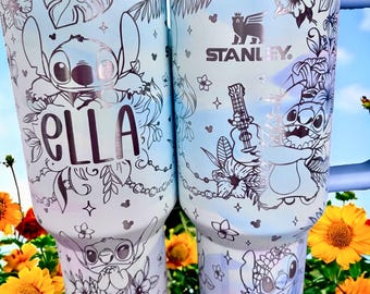 Floral Cute Alien Personalized Name Tumbler | Engraved Tumbler | Engraved Stitch Disney Tumbler | Character Cup | Engraved Tumbler 30oz 40oz