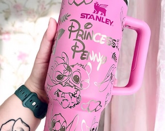 Angel and Stitch Engraved Stanley Tumbler | Engraved Antique Pink Stanley | Engraved Disney Tumbler | Disney Stanley | Stanley 30 40 oz Cup