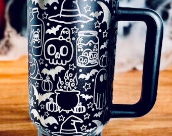 Spooky Halloween Stanley Engraved Tumbler | Ghost Ghouls Bats Tumbler | Engraved Bat Skeleton Tumbler | Stanley Halloween Tumbler | Bats Cup