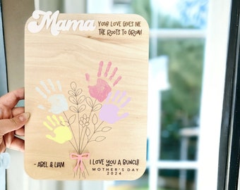 Handabdruck Blumenstrauß Schild | DIY Handabdruckschild | Muttertagsschild | Personalisiertes Kindergeschenk | Geschenk für Mama Oma | Andenken zum Muttertag