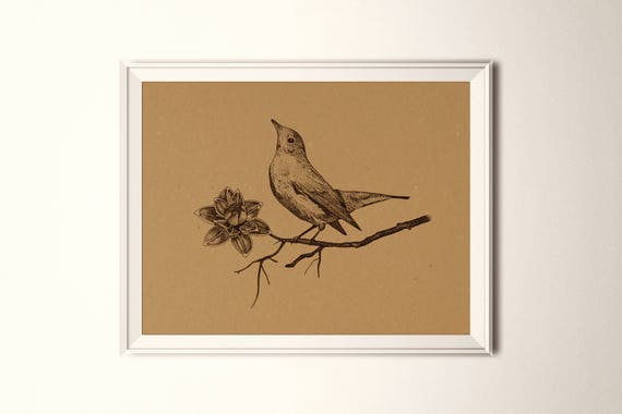 Oiseau Au Repos Sur Un Dessin De Branche Illustration Tirée De Main Impression Dart Papier Kraft Wall Decor Croquis à Lencre De Stylo