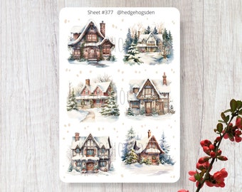 Winter Cottage View Sticker Sheet, Winter Night Sticker Sheet, Cozy Stickers, Nature Stickers, Journal Stickers, Countryside Sticker Sheet