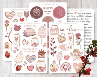 Valentine's Day Sticker Sheet Pack, Love Sticker Bundle, Valentine's Day Sticker Kit, Love Stickers, Wax Seal Stickers, Heart Sticker Bundle