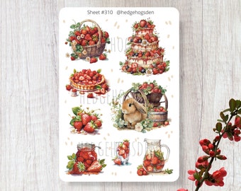 Bunny Sticker Sheet, Strawberry Sticker Sheet, Cottagecore Sticker Sheet, Summer Stickers, Strawberry Stickers for Journaling