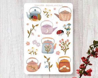 Teapot Sticker Sheet, Teapot Stickers, Tea Party Sticker Sheet, Cottagecore Sticker Sheet, Spring Stickers, Tea Time Stickers for Journaling