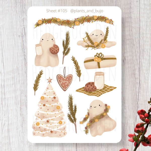 Christmas Sticker Sheet, Cute Ghosts Stickers, Holiday Ghosts Stickers, Winter Ghosts, Christmas Ghost Stickers for Planners, Journals...