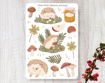 Hedgehog Stickers, Cute Autumn Stickers, Hedgehog Autumn Stickers, Fall Stickers, Mushroom Sticker Sheet, Hedgehog Sticker Sheet