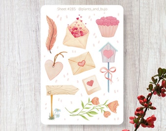 Watercolor Valentine's Day Sticker Sheet, Love Letters Sticker Sheet, Love Stickers, Pink Stickers, Hearts and Flowers Stickers