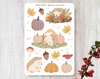 Hedgehog Stickers, Hedgehog Atumn Sticker Sheet, Fall Sticker Sheet, Autumn Stickers, Fall Leaf Fun Stickers, Cozy Stickers, Pumpkin Sticker