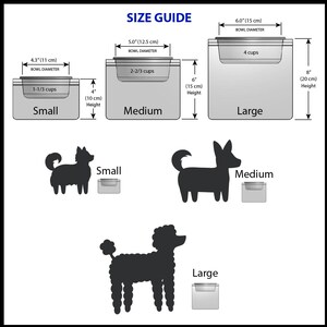 Pu&ograve; includere: Grafico della guida alle taglie con tre contenitori: Piccolo, Medio e Grande. Il piccolo misura 11 cm di diametro e 10 cm di altezza. Il medio misura 12,5 cm di diametro e 15 cm di altezza. Il grande misura 15 cm di diametro e 20 cm di altezza.