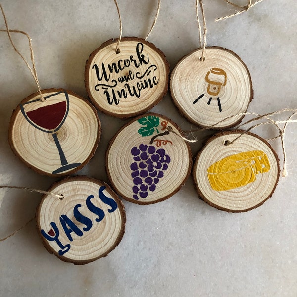 Wine Themed Wood Slice Christmas Ornament - Painted wood slice - Gift for wine lover- uncork and unwine - Rustic wood slice