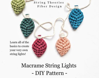 Instruções para fazer luzes de Natal em macramê (faça você mesmo), tutorial de macramê em PDF, aprenda macramê natalino, como fazer macramê, guia de nós de macramê