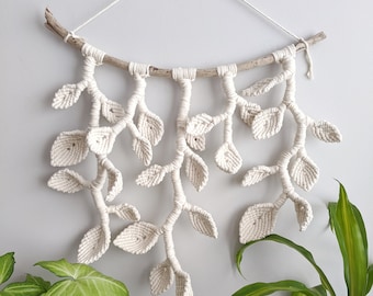 Macrame Sculpture Wall Hanging Vines and Leaves Tapestry on Driftwood, Statement Contemporary Neutral Wall Art, Above couch texture hanging