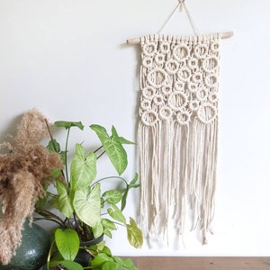 Puede incluir: Colgante de pared de macramé color crema con un diseño circular geométrico, suspendido de una clavija de madera. La pieza de arte textil hecha a mano presenta largas franjas en la parte inferior. Plantas verdes en macetas y un jarrón decorativo en primer plano.