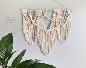 Macrame Cream Boho Wall Hanging on Driftwood, contemporary statement wall hanging, neutral textured home decor, above bed above couch art