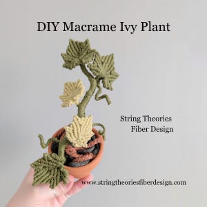 May include: A handmade macrame ivy plant in a terracotta pot. The plant has green and beige leaves. Text reads "DIY Macrame Ivy Plant" and "String Theories Fiber Design". The website address is also visible.