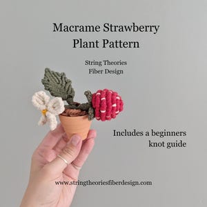 May include: A macrame strawberry plant pattern is shown, featuring a red and white strawberry, a green leaf, and a white flower in a small terracotta pot. The text reads "Macrame Strawberry Plant Pattern" and "Includes a beginners knot guide."