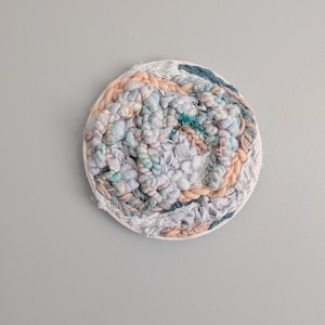 Round Circular Handmade Weaving, Blue and Sandy Neutral Round Weaving, Woven wall art, Woven decor for home, beachy weaving, beach art