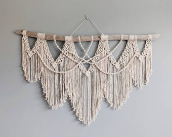 Macrame Statement Wall Hanging on Driftwood, Neutral Home Decor