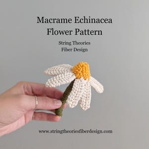 May include: A handmade macrame Echinacea flower pattern. The flower has white petals, a yellow center, and a green stem. The text on the image reads "Macrame Echinacea Flower Pattern" and "String Theories Fiber Design". The website address is also visible.