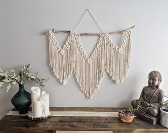 Macrame Boho Statement Wall Hanging on Driftwood, Above Bed and Couch Wall Art, Cotton Macrame Tapestry, Contemporary Modern Macrame