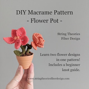 以下が含まれることがあります： 2つの花のデザイン、蘭とバラがテラコッタの鉢に入っているDIYマクラメの花瓶のパターン。パターンには、初心者向けの結び目のガイドが含まれています。「String Theories Fiber Design」は画像に印刷されています。
