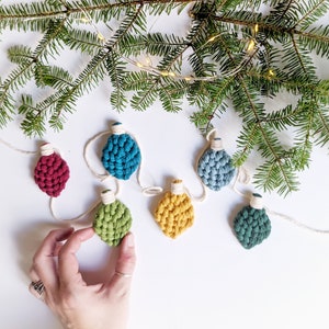May include: A string of six crocheted ornaments in various colors, including red, green, blue, and yellow. The ornaments are strung together with white twine and are hanging from a branch.