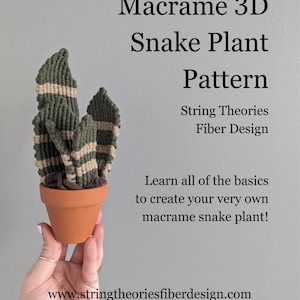 May include: A macrame snake plant pattern, a 3D craft project. The image shows a green and brown macrame snake plant in a terracotta pot. The text "Macrame 3D Snake Plant Pattern" is at the top of the image, and the text "String Theories Fiber Design" is below it. The text "Learn all of the basics to create your very own macrame snake plant!" is in the lower right corner of the image. The text "www.stringtheoriesfiberdesign.com" is at the bottom of the image.