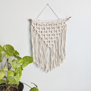 May include: A white macrame wall hanging with a geometric pattern and fringe. The hanging is attached to a branch and is hanging on a white wall.