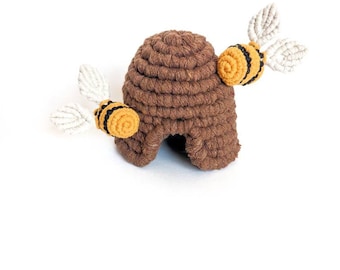 Macrame Beehive Sculpture with Two Macrame Honeybees