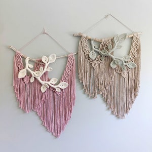 Macrame Sculpture Wall Hanging Vines and Leaves Tapestry on Driftwood, Statement Contemporary Neutral Wall Art, Above couch texture hanging