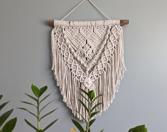 Cream Macrame Wall Hanging on Nova Scotia Driftwood, Boho Home Decor