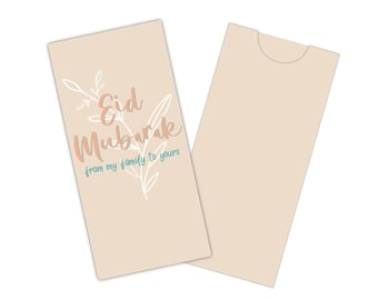 May include: A beige card with a white floral design and the text "Eid Mubarak from my family to yours" in peach and teal.