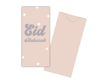 May include: A light brown card with a white star pattern and the text "Eid Mubarak" in a gray, cursive font.